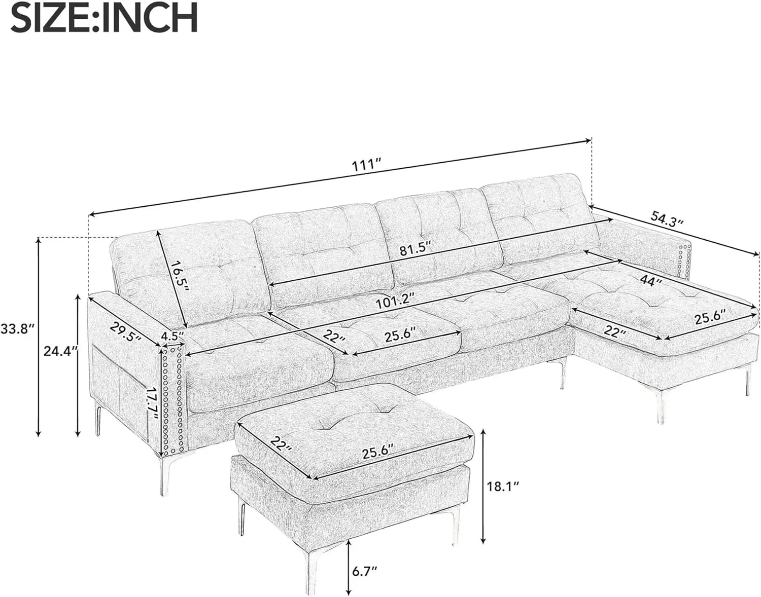 Modern Velvet Large Sectional Sofa with Chaise Ottoman Storage U Shape Couch Living Room Relaxing Comfort with Tufted Cushions