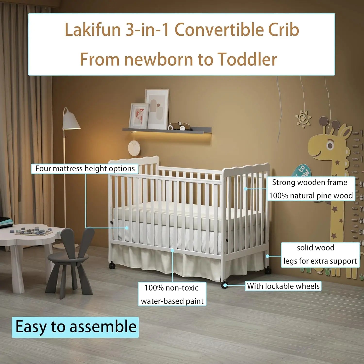 Convertible Crib in White, Converts to Toddler Bed & Daybed, Fits Standard Full-Size Crib Mattress, Non-Toxic Finish