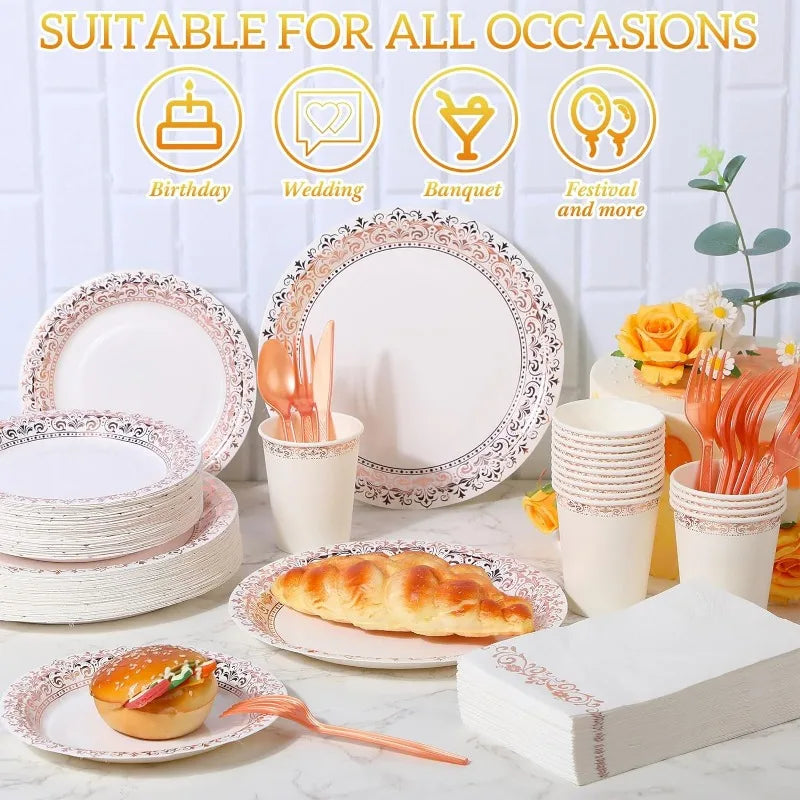 700 Pcs Disposable Dinnerware Set for 100 Guests Include 200 Paper Plates, 300 Plastic Silverware, 100 Paper Cups, 100 Napkins