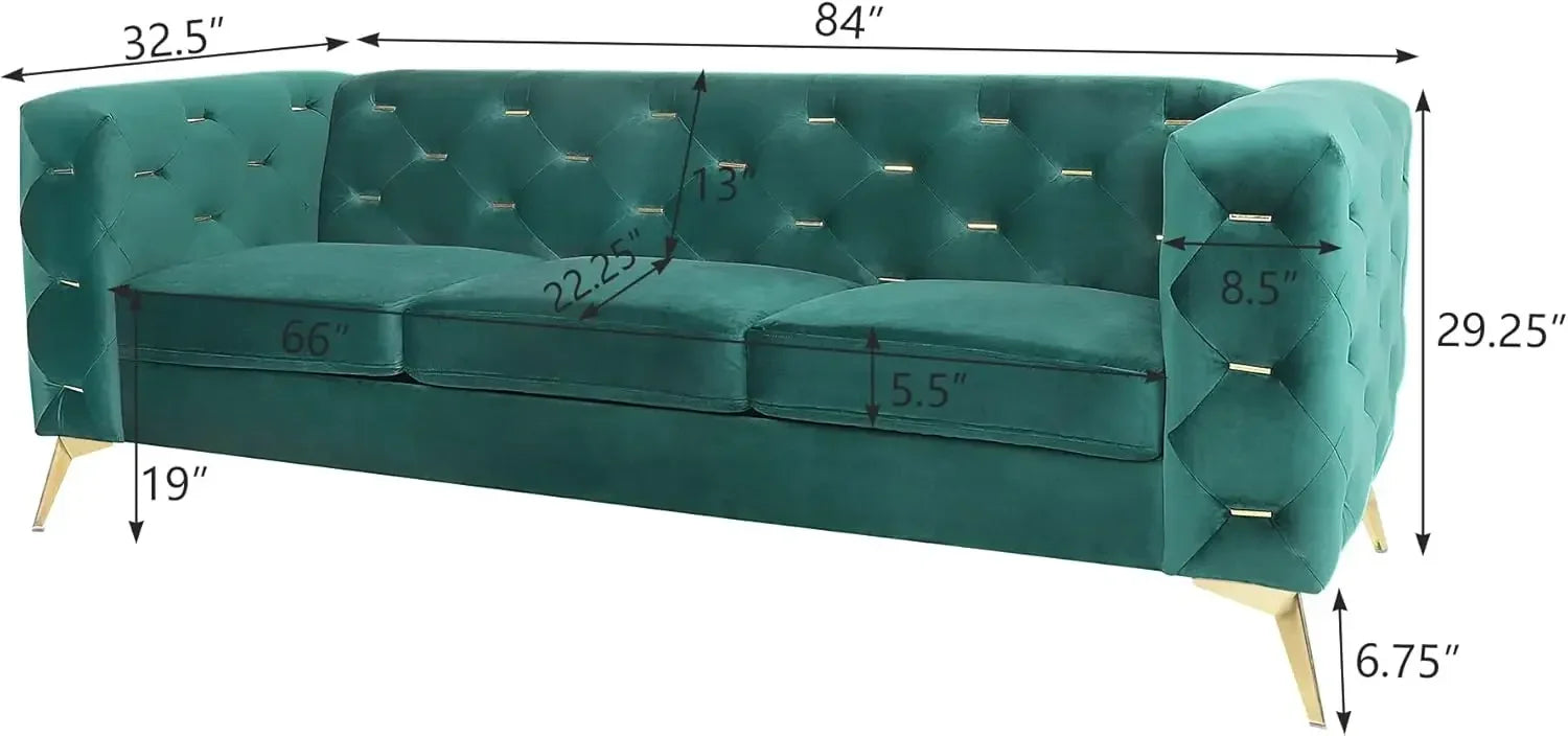 Velvet Button Tufted Upholstered Couch, Settee Sofa with High Arm and Golden Metal Legs, Couches for Living Room Bedroom Office