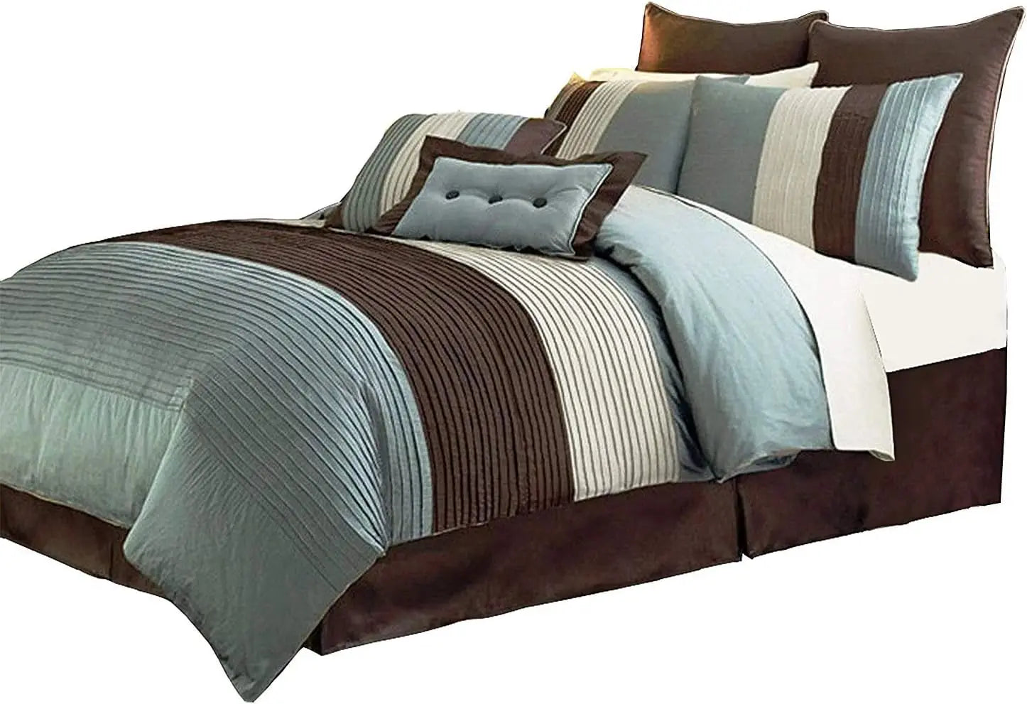 8-Piece Blue Brown Beige Pleated Stripe Comforter Set Full Size Bedding Set