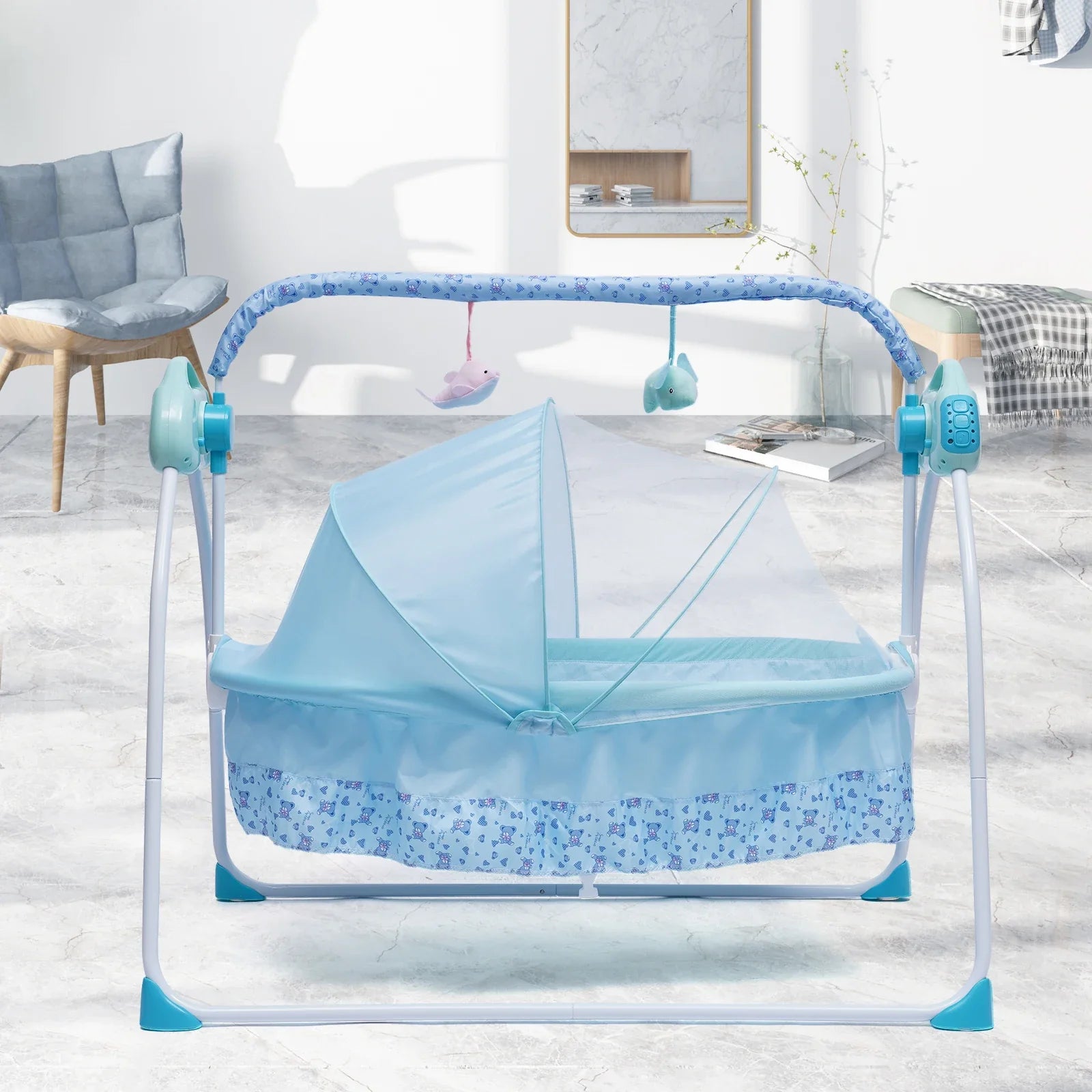 Electric Baby Cradle Auto Swing Rocker Cot Infant Sleeping Bed Swing Crib Kit Timer+Bluetooth Music+Mat+Pillow 5Gears Adjustable