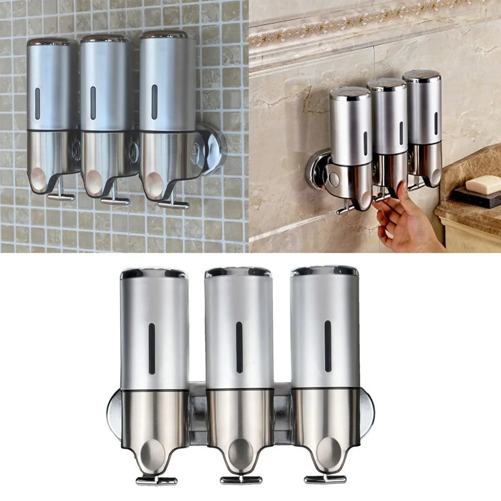 3*500ml Wall Mounted Liquid Soap Dispenser Bathroom Shower Shampoo Bottles Silver