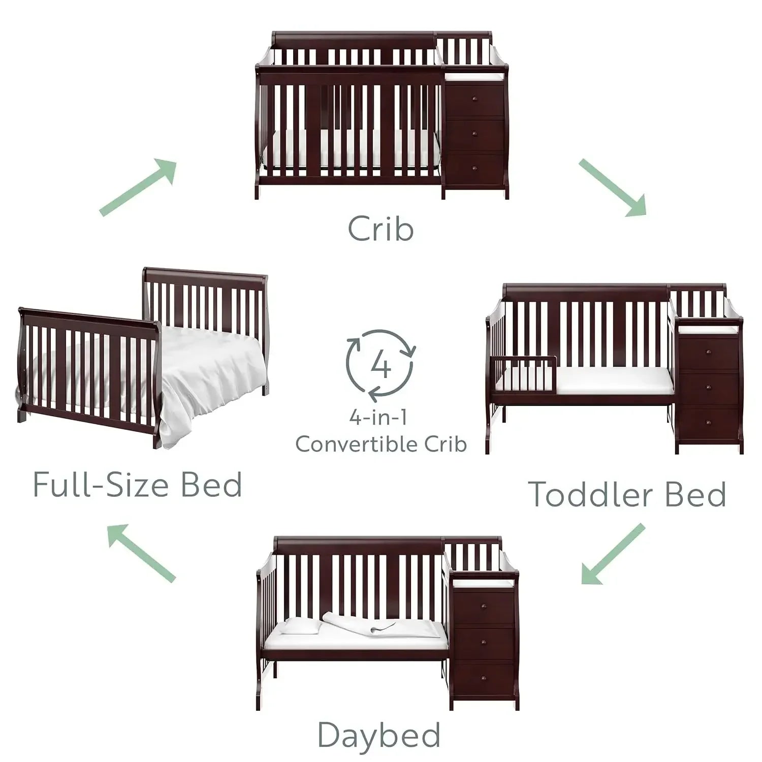 Storkcraft Portofino 5-in-1 Convertible Crib and Changer (White) – Changing-Table Combo with Drawer, Converts to Toddler Bed,