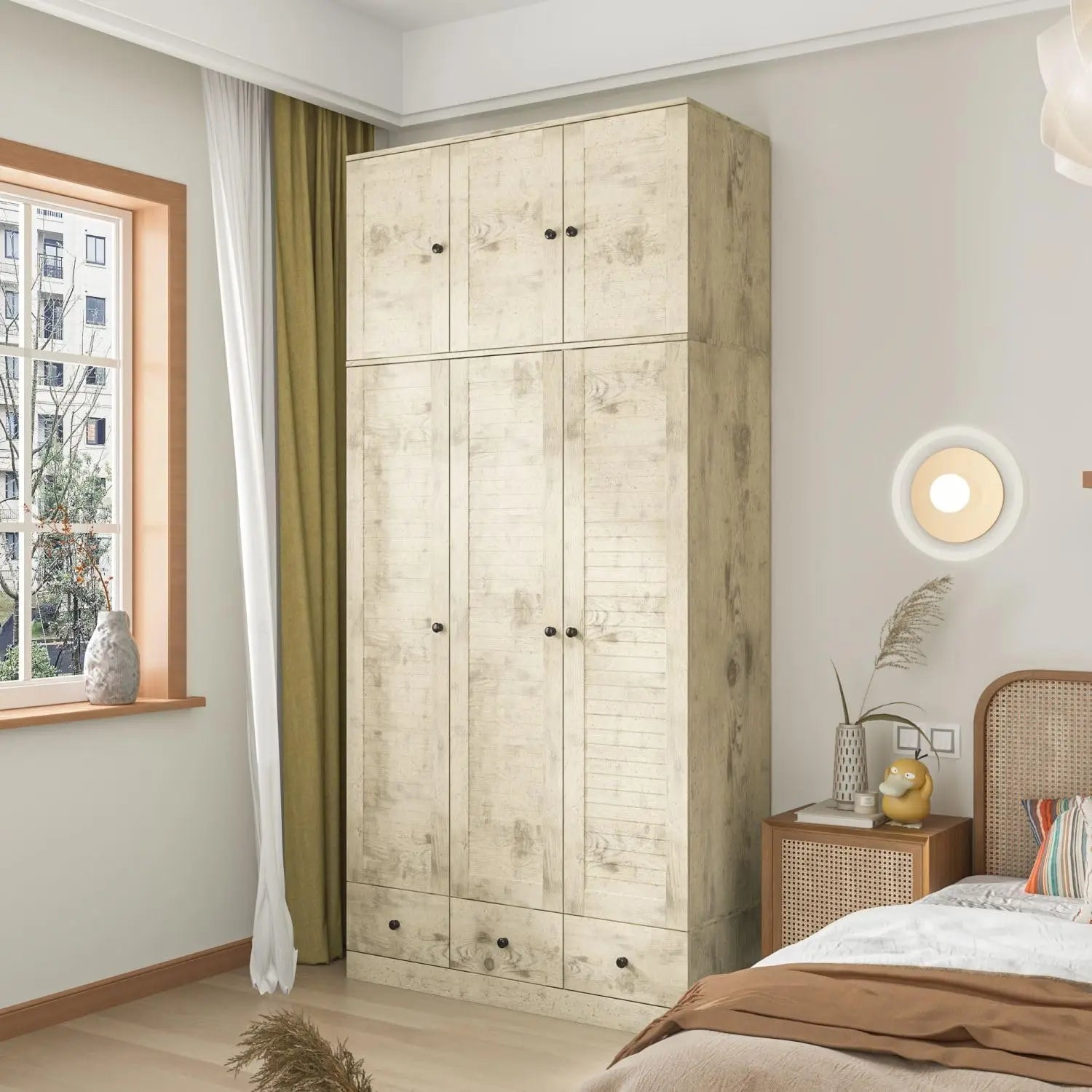 4 Shutter Door Wardrobe Armoire Closet with Shelves and Drawers, Armoire Wardrobe Closet with 2 Hanging Rods for Bedroom White