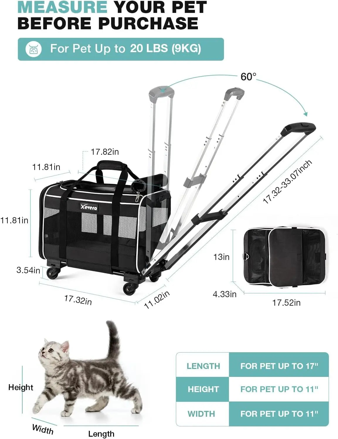 Cat Dog Carrier with Wheels Airline Approved Rolling Pet Carrier with Telescopic Handle, Black, Shoulder Strap and Pet Carrier