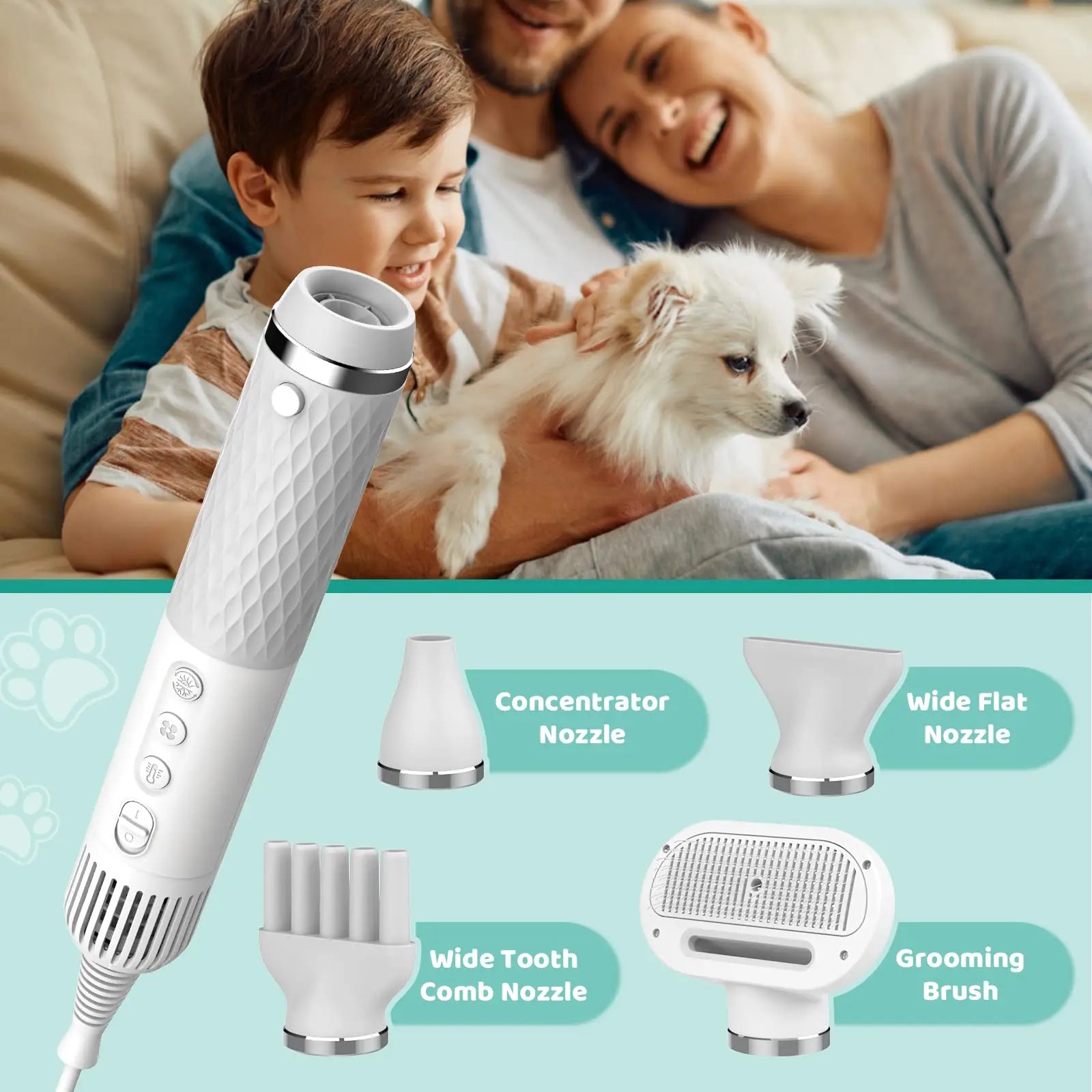 Dog Hair Dryer 5 in 1 Portable Handheld Dog Hair Dryer Smart Temperature Adjustment Grooming Brush Travel Home Pet Hair Dryer