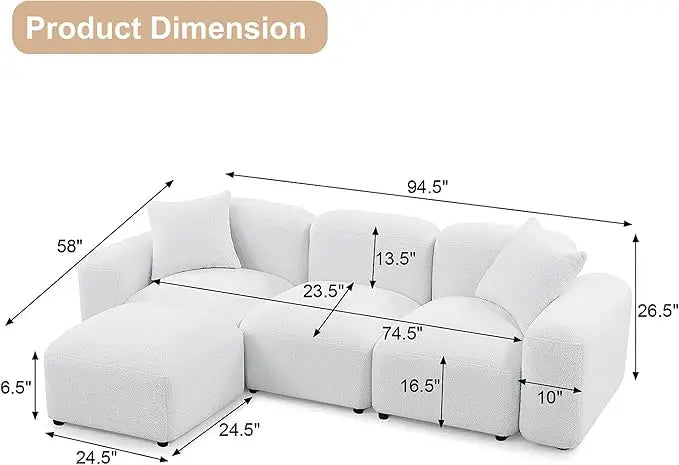 Convertible L Shaped Couch, 94.5" Modern Minimalist Cloud Couches for Living Room Set, Comfy Teddy Fabric Sofa