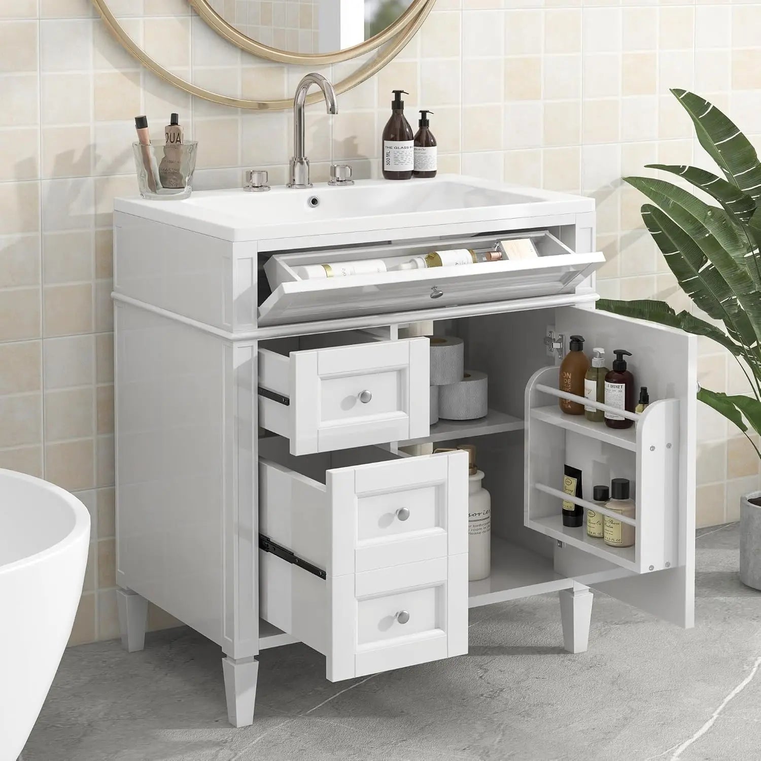 bathroom organizers, Bathroom Vanity with Sink, Modern Bathroom Cabinet with Drawers and Tip Out Drawer, Freestanding Bathroom V