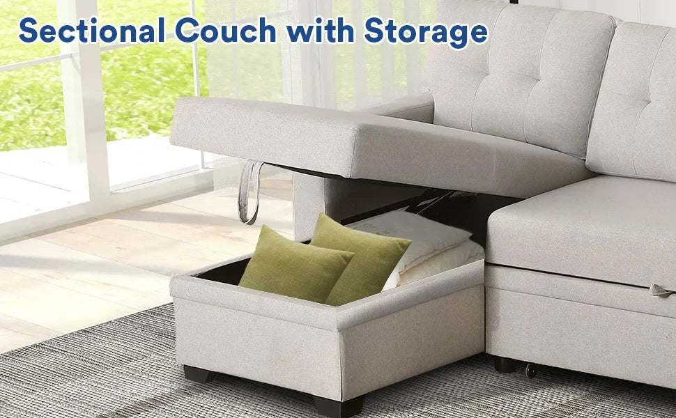 L Shaped Chaise Couch with Storage and Pull Out Bed Multifunctional Comfy Sectional Sleeper Sofa, Beige