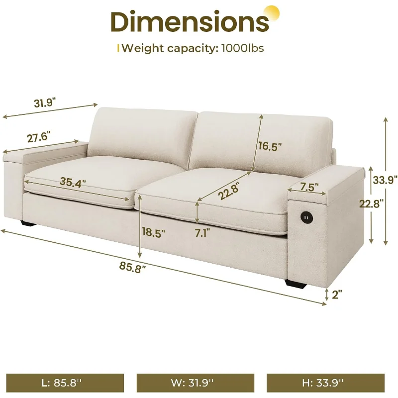 Modern Sofas Couches for Living Room, Comfy Couch with Extra Deep Seats, Oversized Loveseat Sofa with Storage and 2 USB C