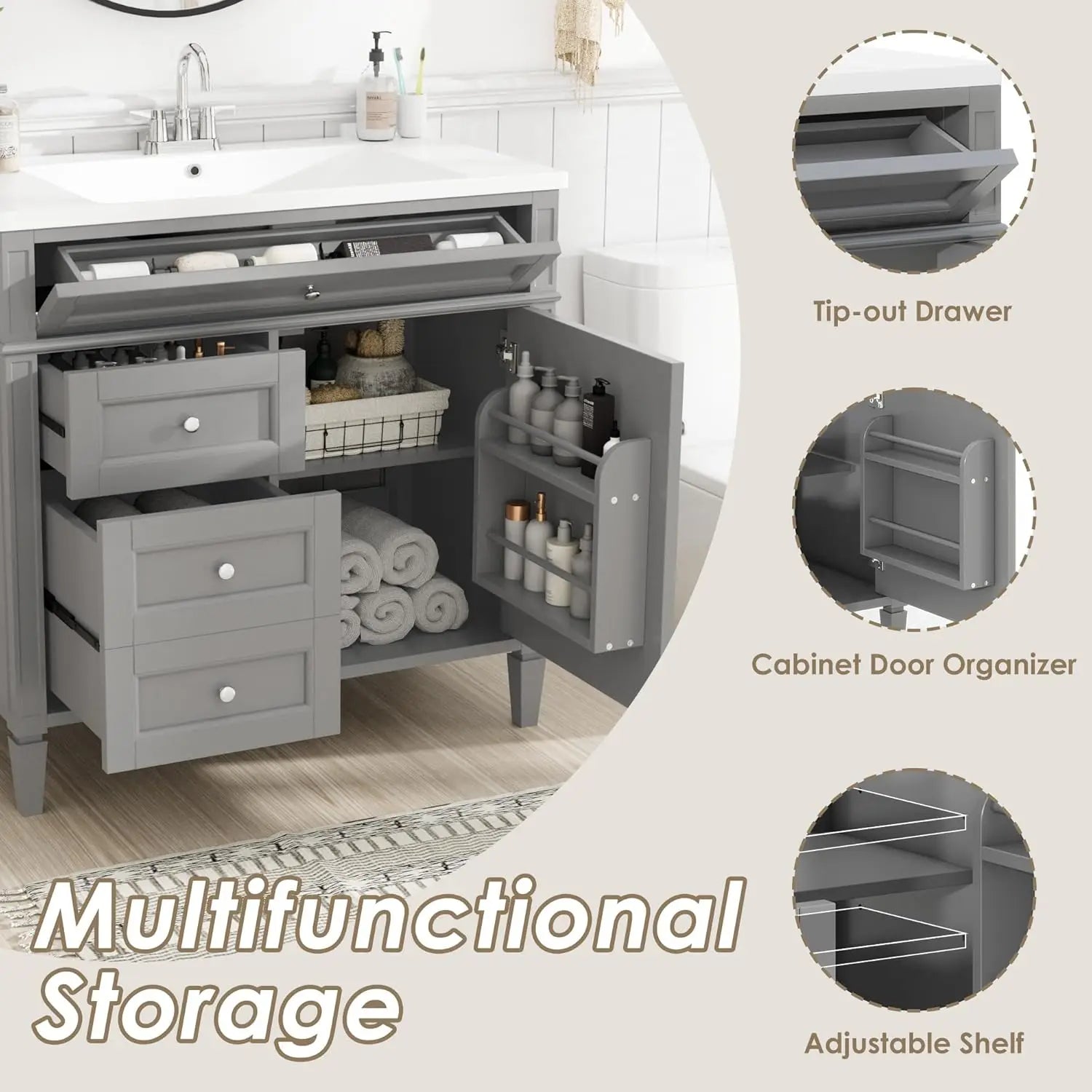 bathroom organizers, Bathroom Vanity with Sink, Modern Bathroom Cabinet with Drawers and Tip Out Drawer, Freestanding Bathroom V