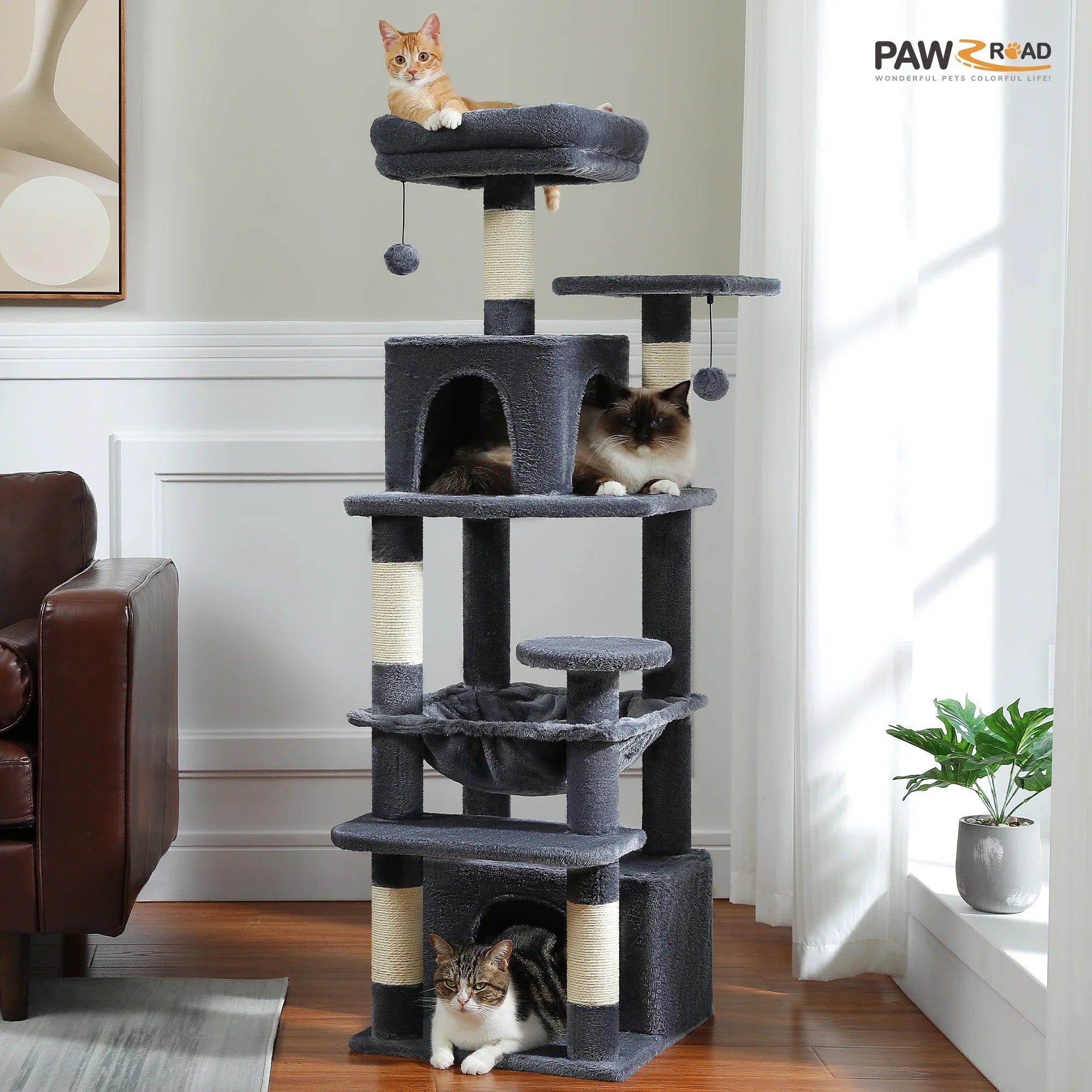 H184CM Large Cat Tower with Sisal Scratching Posts Spacious Condo Perch Stable for Kitten Multi-Level Tower Indoor Cozy Hummocks