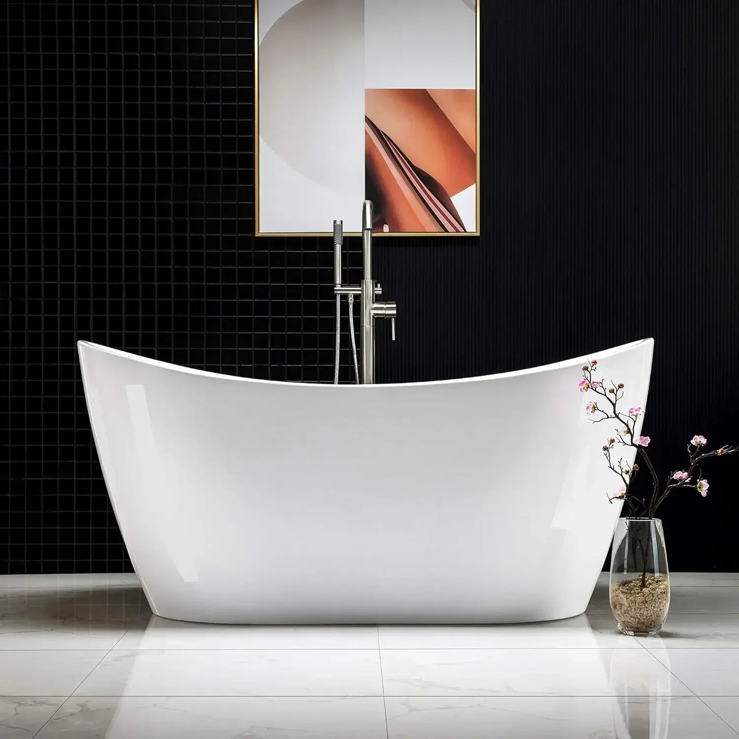 59"Freestanding White Acylic Soaking Bathtub with Brushed Overflow Easy clean, easy maintenance 59"L x 28.75"W x 27.5"H