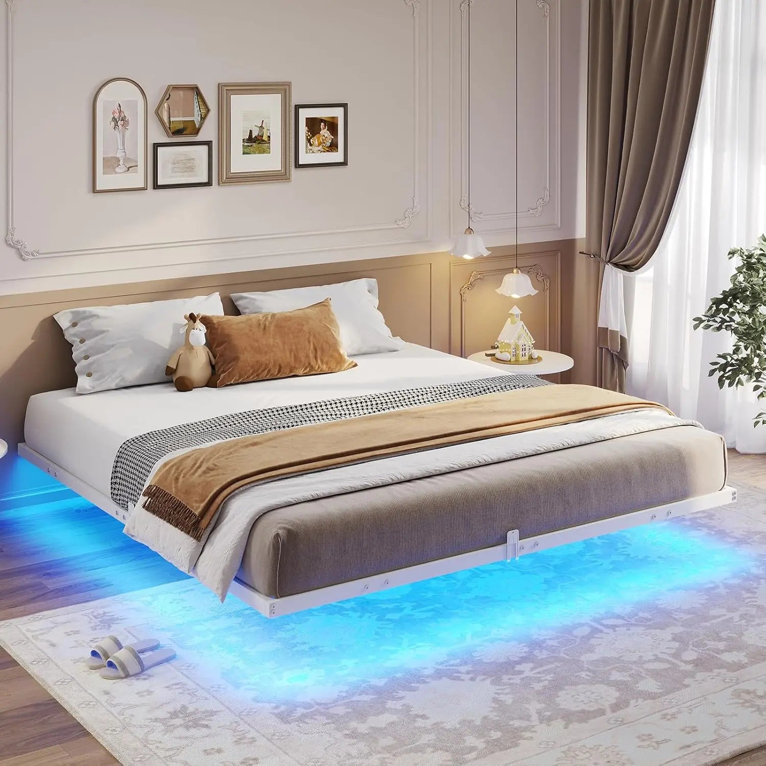 Floating Bed Frame Queen Size with LED Lights Metal Platform Queen Bed No Box Spring Needed Easy To Assemble Sturdy Durable