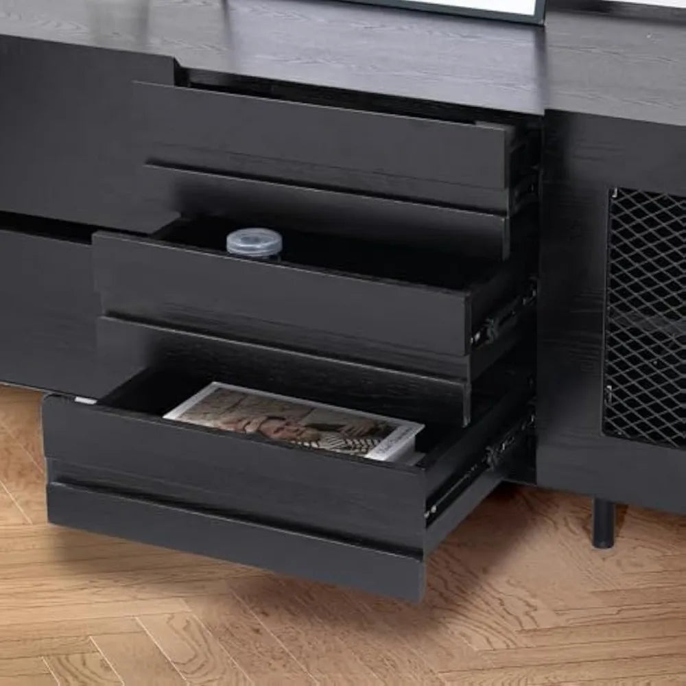 63” Minimalist TV Stand, Full-Assembled Black TV Console, Modern Solid Wood Media Console