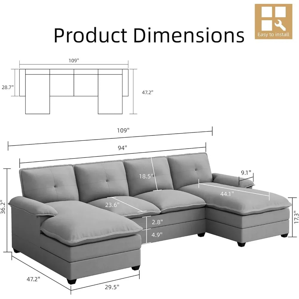 Sectional Couches for Living Room, U-Shaped Couch 4 Seat Sofa Set with Double Chaises, Modern Fabric Modular Sectional Sofa