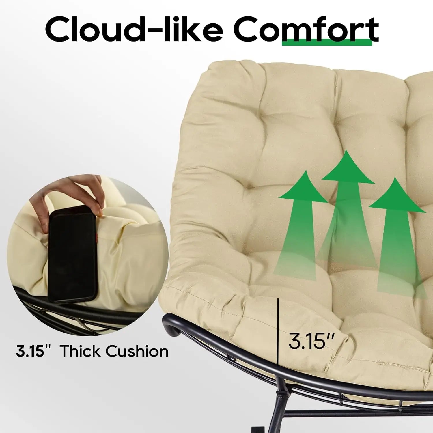 Patio Rocking Papasan Chair, Outdoor & Indoor Egg Reading Chair, Oversized Royal Comfy Cozy Lounge Rocker Recliner with