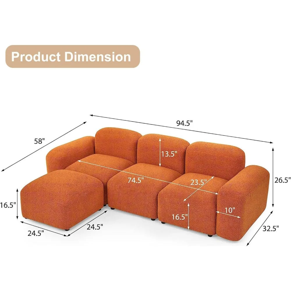 Convertible L Shaped Couch, 94.5" Modern Minimalist Cloud Couches for Living Room Set, Comfy Teddy Fabric Sofa