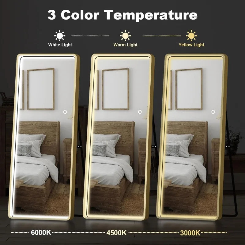 Full Length Standing Mirror with LED Lights,3 Colors Dimmable Lighting Round Rectangle Full Body Mirror, Wall Mirror