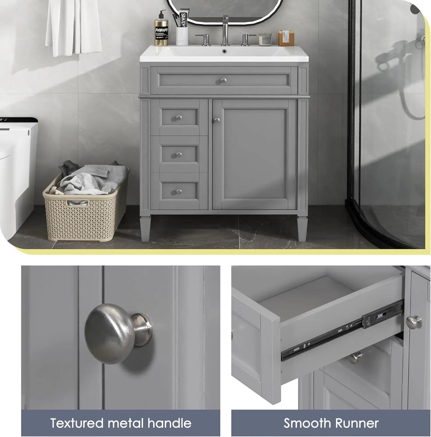 bathroom organizers, Bathroom Vanity with Sink, Modern Bathroom Cabinet with Drawers and Tip Out Drawer, Freestanding Bathroom V