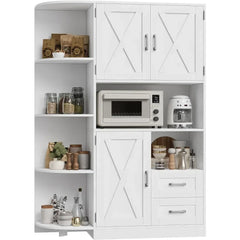 60.4" Kitchen Storage Cabinet, Freestanding Kitchen Shelves with Doors and Shelves, Dining Sideboard with Microwave Shelf, White