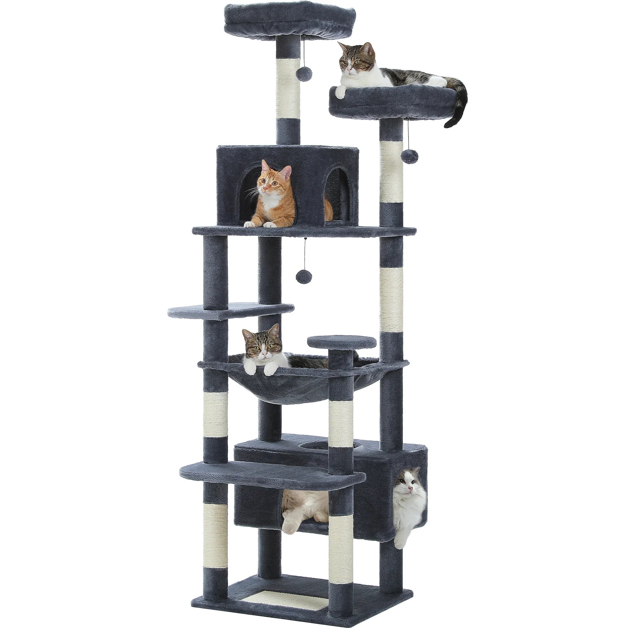 Large Cat Tree Tower for Indoor Cats With Sisal-Covered Scratching Posts Spacious Hammock Padded Perches and Condos Dark Grey