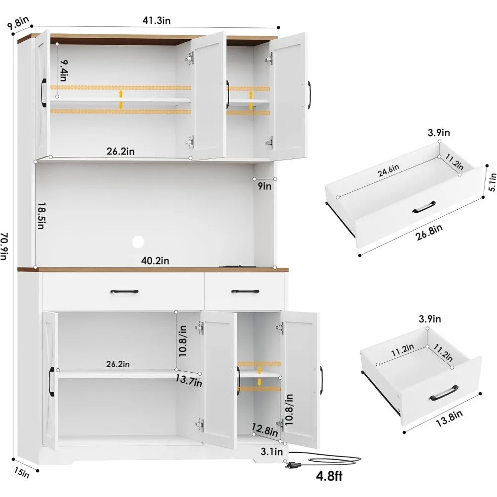 71"Pantry Cabinet with Charging Station,Tall Kitchen Pantry Storage Cabinet with Microwave Stand,Farmhouse Kitchen Hutch Cabinet