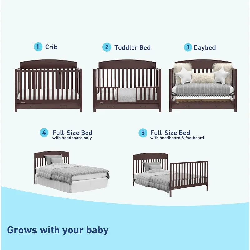 5-in-1 Convertible Crib with Drawer - Converts from Baby Crib to Toddler Bed, Fits Standard Full-Size Crib Mattress