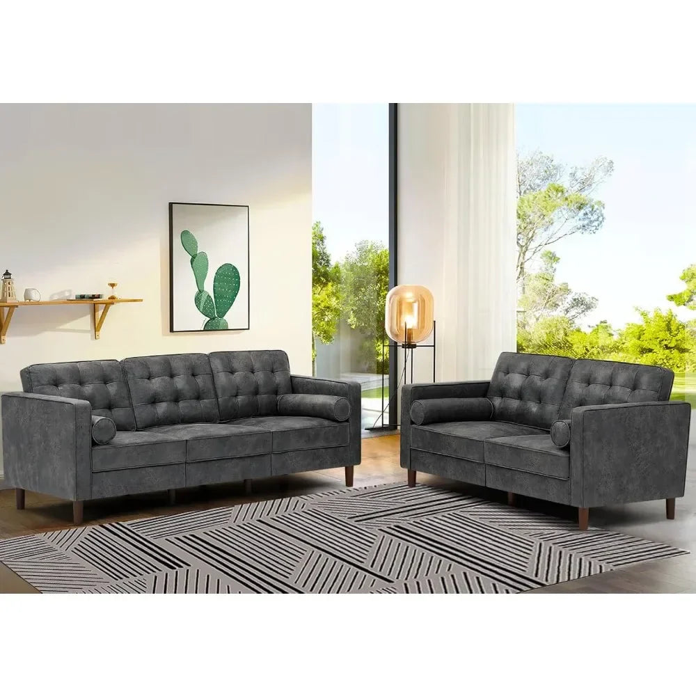 Two Pieces Faux Leather Sofa Set with Bolster Pillows,Tufted 3-seat Sofa and Loveseat Couch with Wooden Legs, Upholstered Living