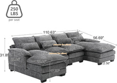 110" Sectional Sofa Cloud Couch for Living Room, Modern Chenille U Shaped Couch, Comfy Modular Sofa Sleeper(Gray)