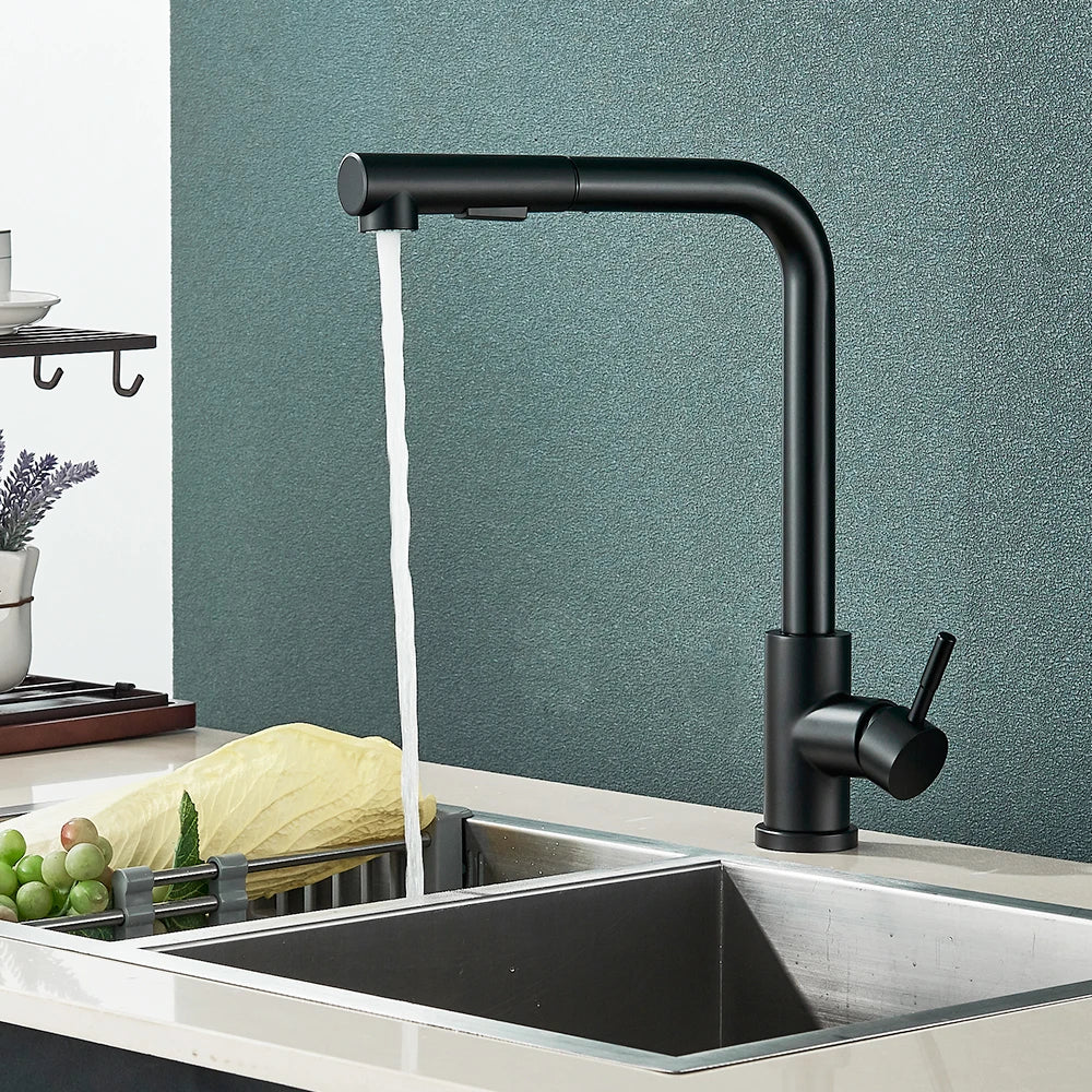 Matte Black Pull Out Kitchen Sink Faucet Two Model Stream Sprayer Nozzle Stainless Steel Hot Cold Wate Mixer Tap Deck