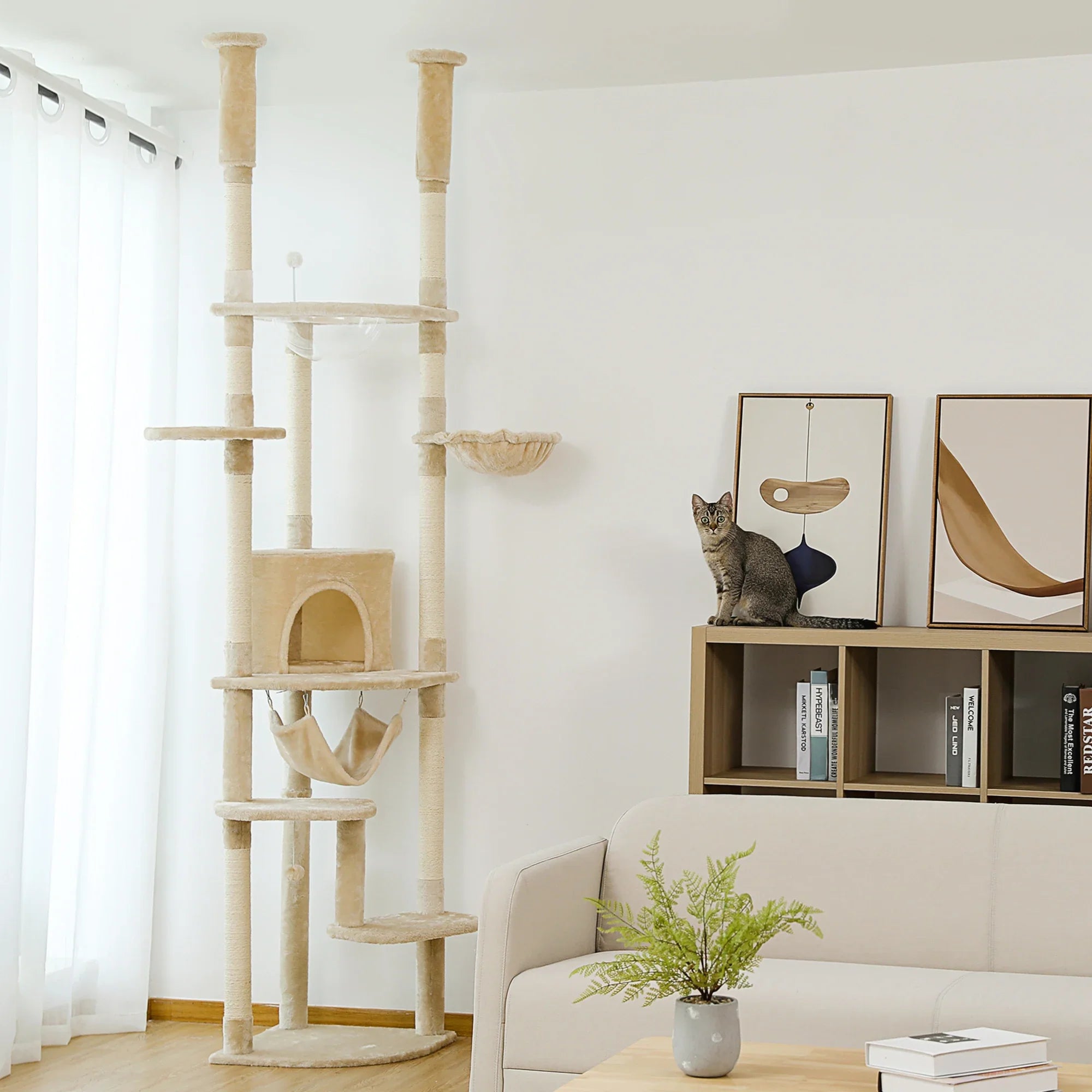 Modern Adjustable Cat Tree Tower 236-258cm Tall Climbing Cat House with Scratch Posts Perches Condo Hammock for Indoor Kittens