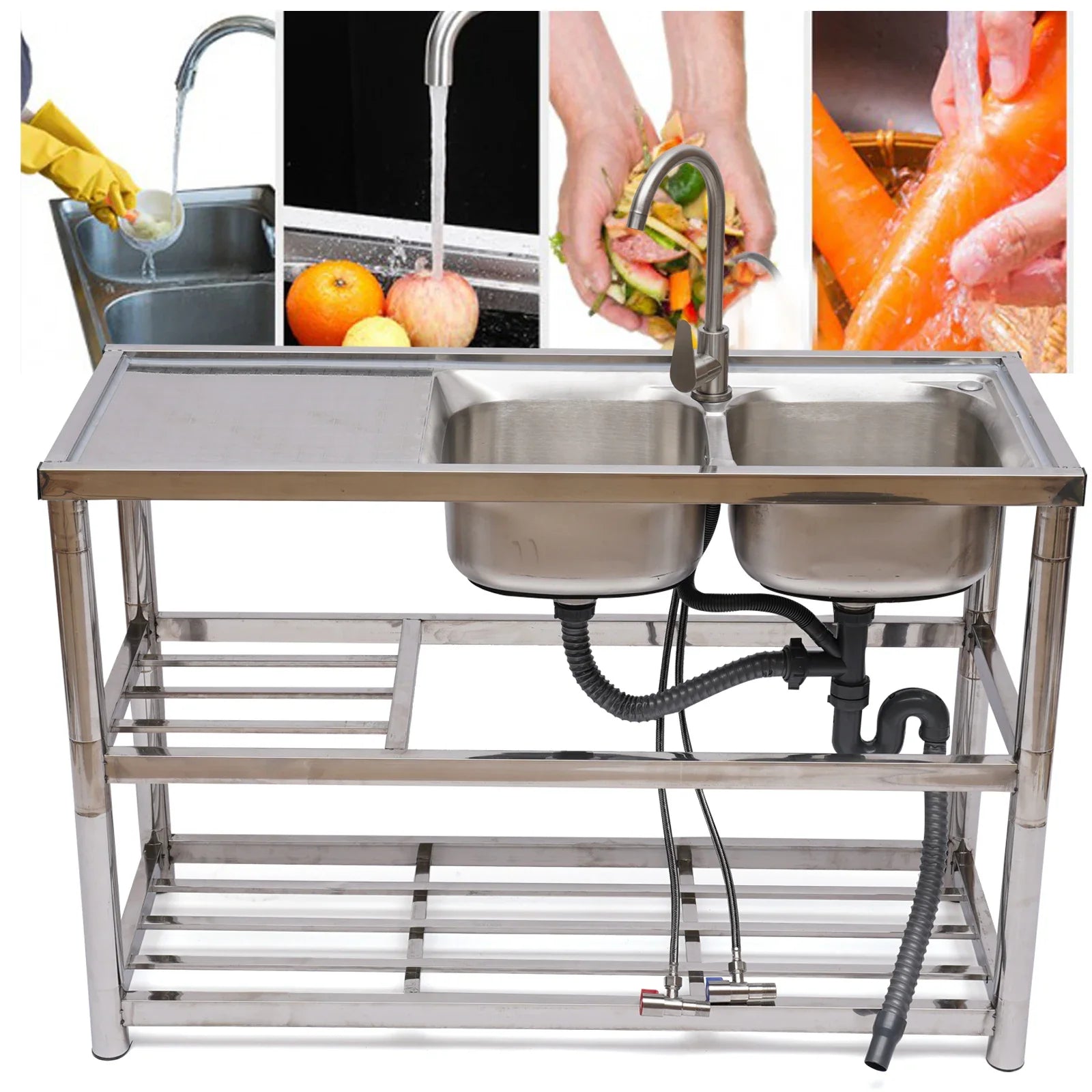 2 Compartment Stainless Steel Commercial Kitchen Sink Restaurant Utility Sink Dish Washing Disinfection Pool with Standing Rack