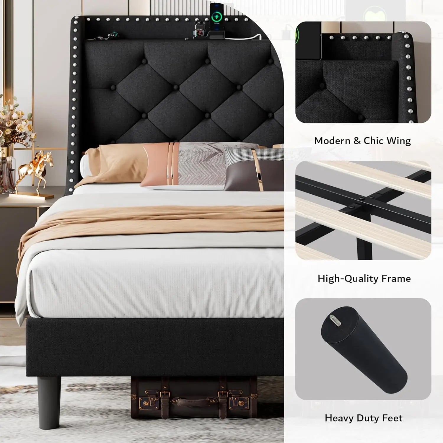 Queen Bed Frame with 16" Deluxe Wingback & Charging Station,Upholstered Platform Bed with Button Tufted Storage Headboard, Black