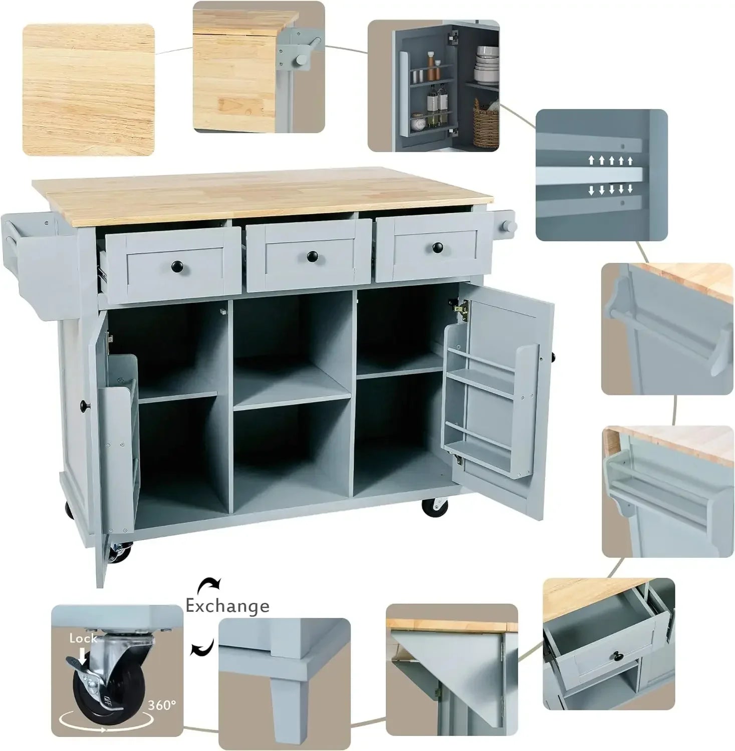 Kitchen Cart with Rubber Wood Drop-Leaf Countertop,Kitchen Island with Storage Cabinet and 3 Drawers,Internal Storage Cabinet