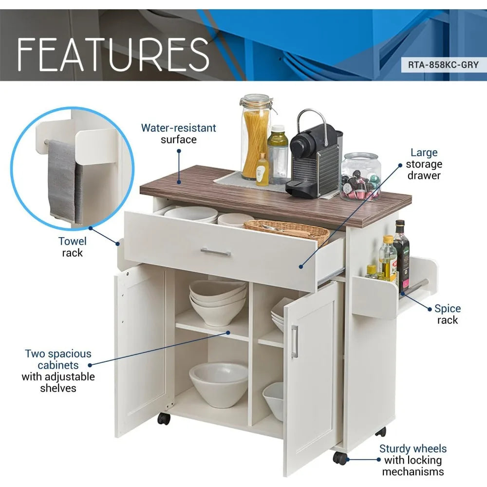 Kitchen Cabinets Luxury Mobile Kitchen Island Style Handcart with Waterproof Top and Storage Cabinet with Adjustable Shelf