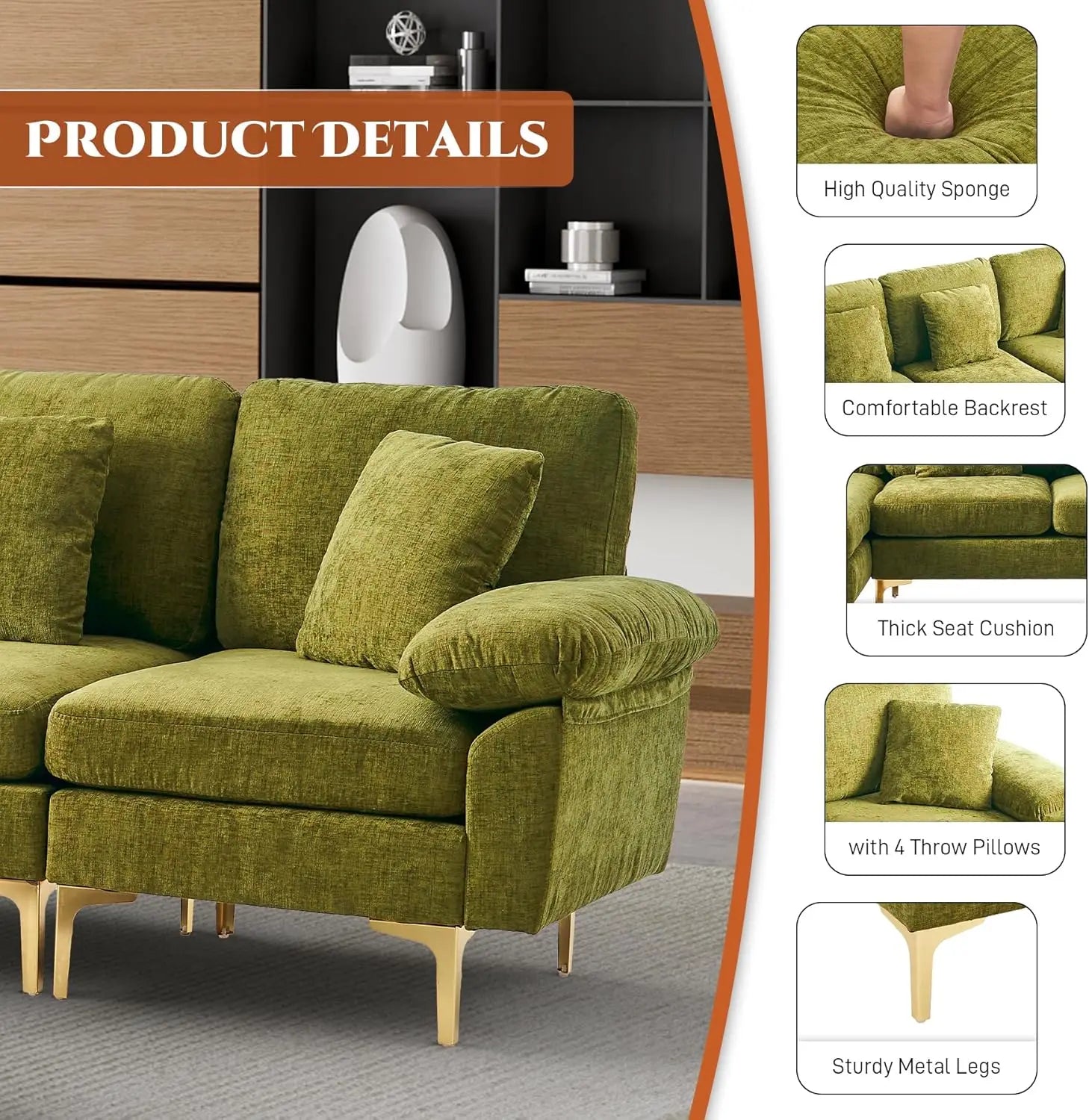 U-Shaped Sectional Sofa Couch, 4 Seat Sofa Set for Living Room, Convertible L-Shaped Velvet Couch Set with Chaise Lounge