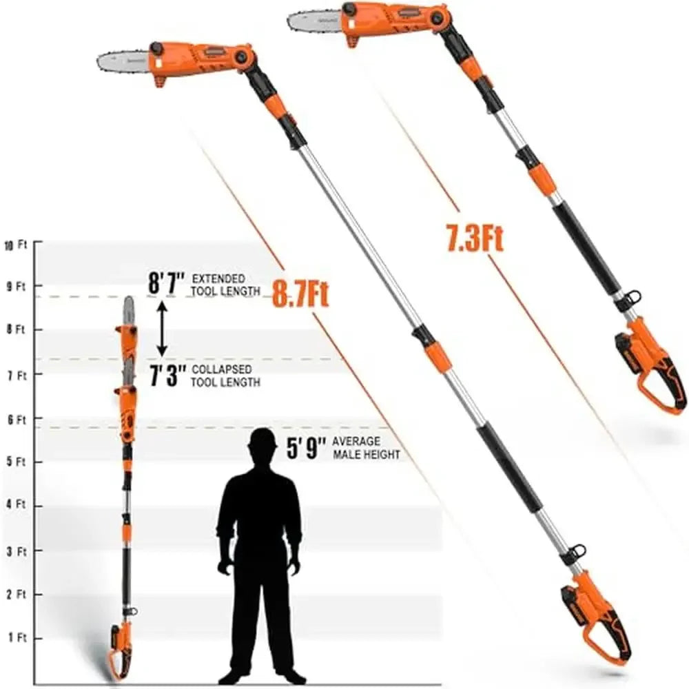 Cordless Chainsaw 20V 8 Inch Electric Saw Tree Trimming Tool Kit 2.0Ah Battery Charger Telescopic Pole Locking Function Power