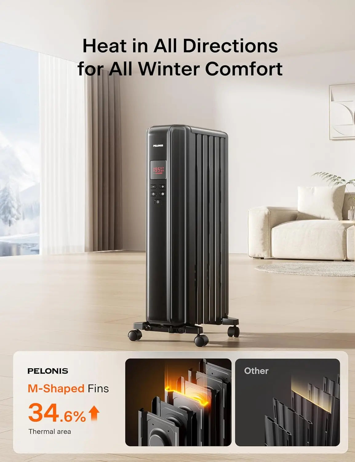 Oil Filled Radiator Heater for Indoor Use Large Room with Remote, Electric Space Heater with Thermostat, Energy Efficient with E