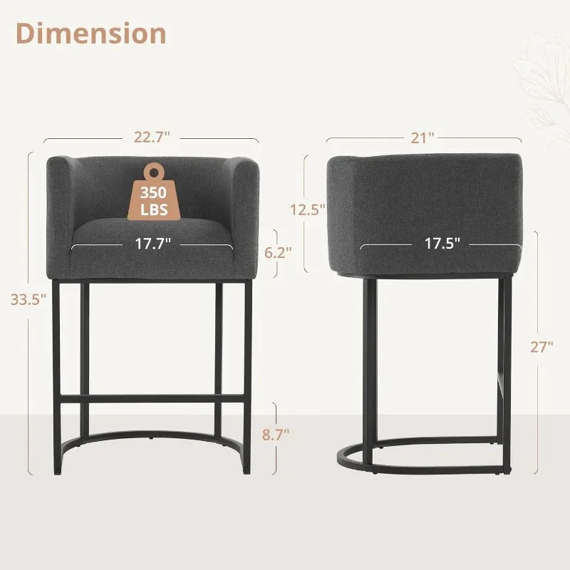 27" H Counter Height Bar Stools Set of 2, Modern Barrel Counter Stools with Backrest and Arms, Black Metal Frames