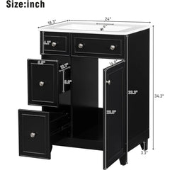 24" Bathroom Vanity with Sink, Free Standing Single Basin Vanity Set with Two Drawers and One Door, Solid Wood Bathroom Cabinet