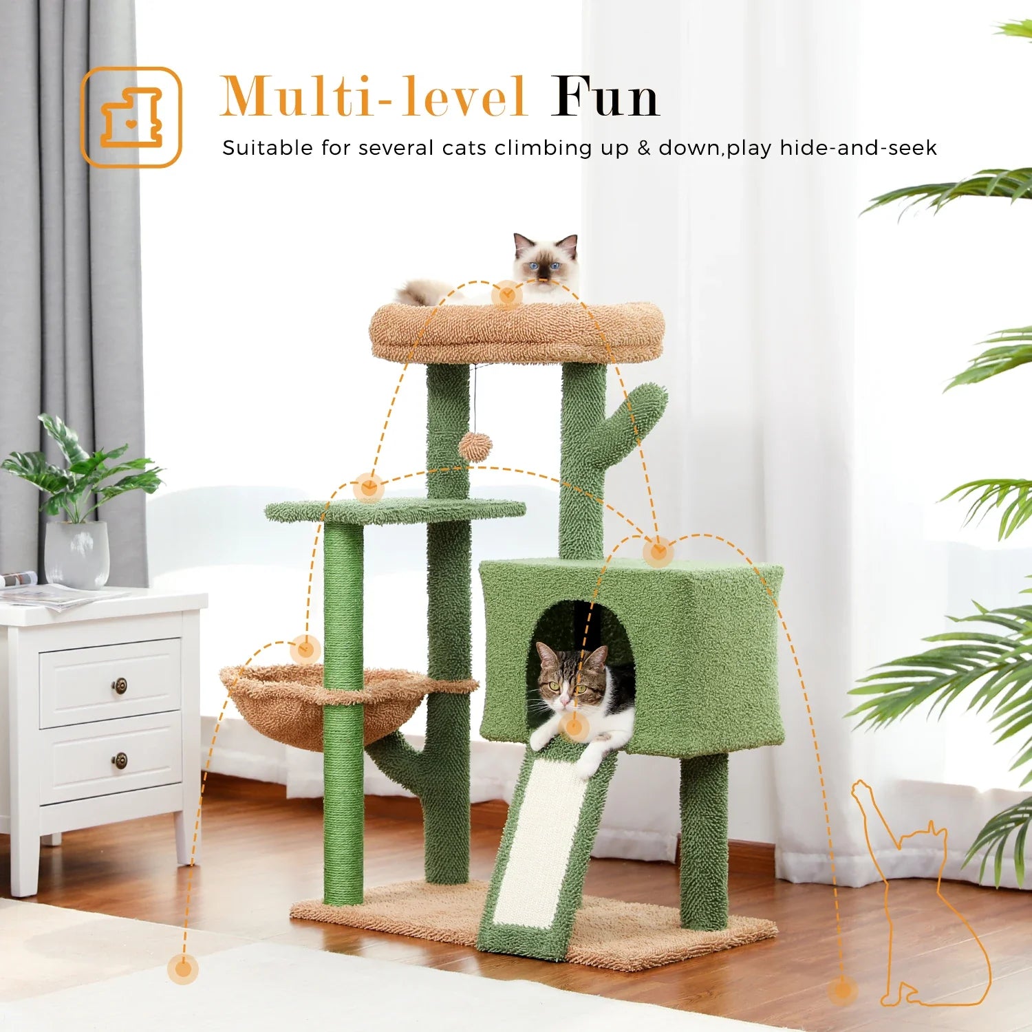 41''&36'' Cactus Cat Tree Tower with Sisal Scratch Posts Cozy Condo for Indoor Cats Multi-Level Climbing Stand with Soft Hammock