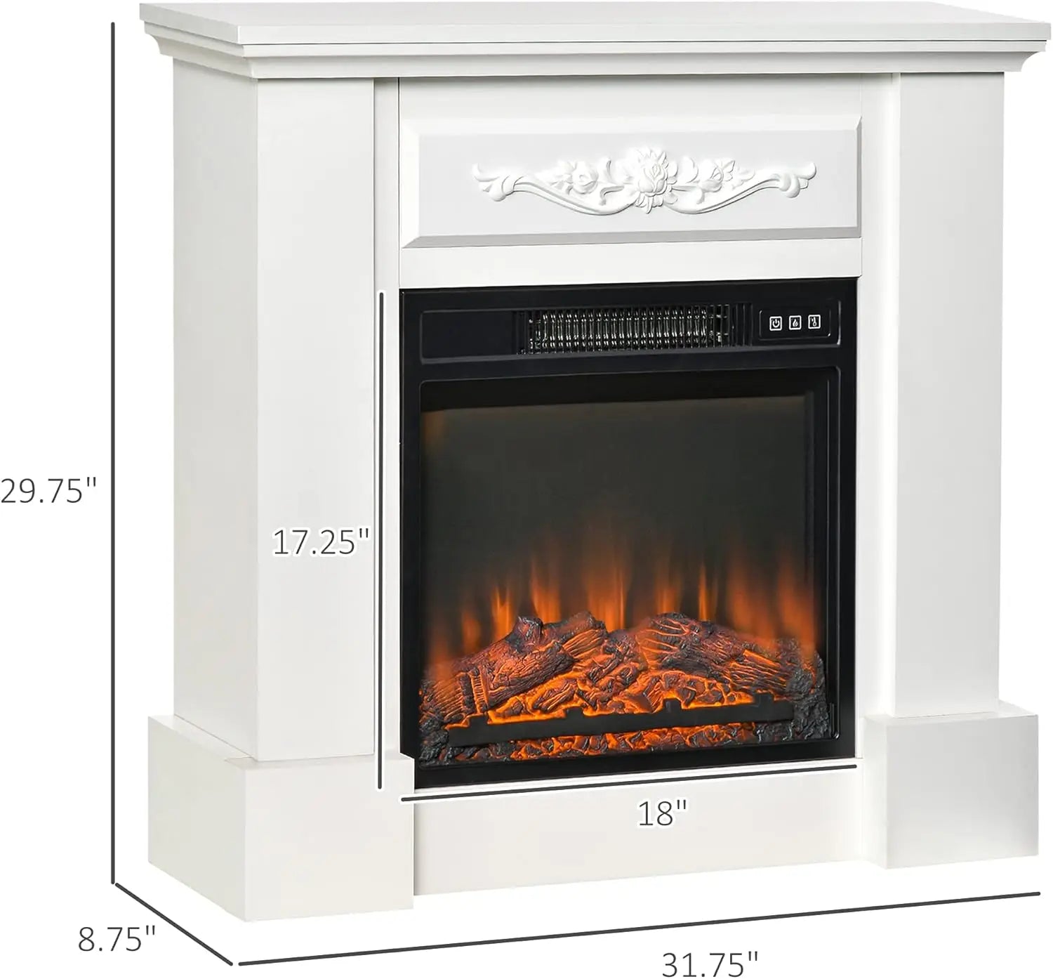 32" Electric Fireplace with Mantel, Freestanding Heater with LED Log Flame, Overheat Protection and Remote Control, 1400W, White