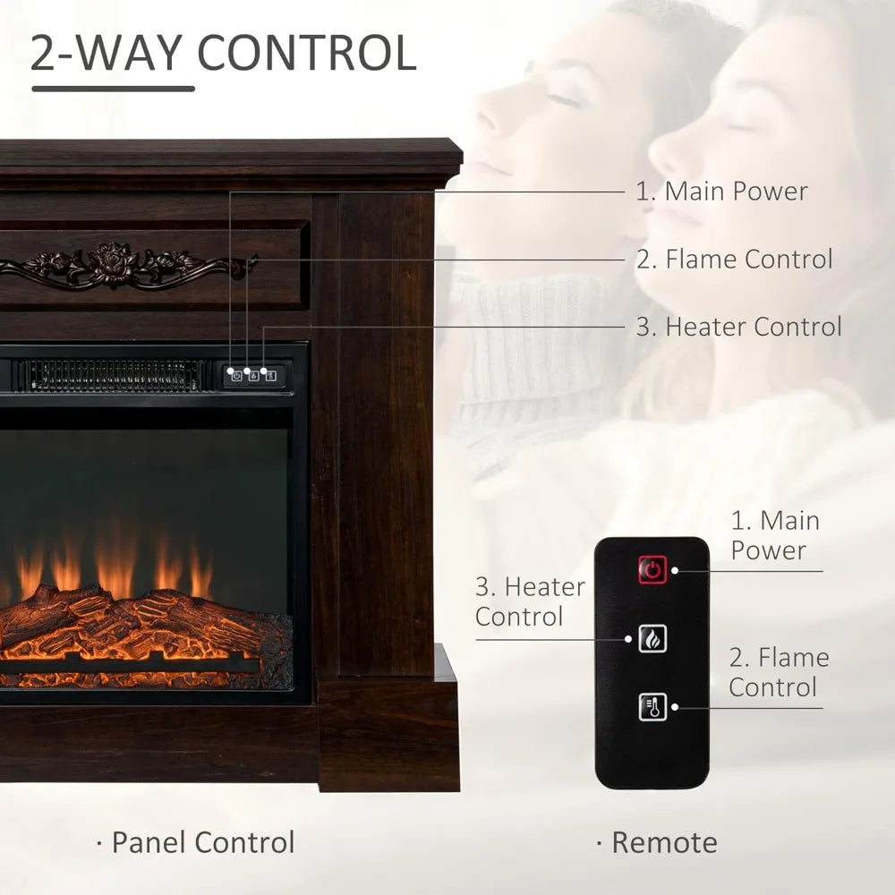 32" Electric Fireplace with Mantel, Freestanding Heater with LED Log Flame, Overheat Protection and Remote Control, 1400W