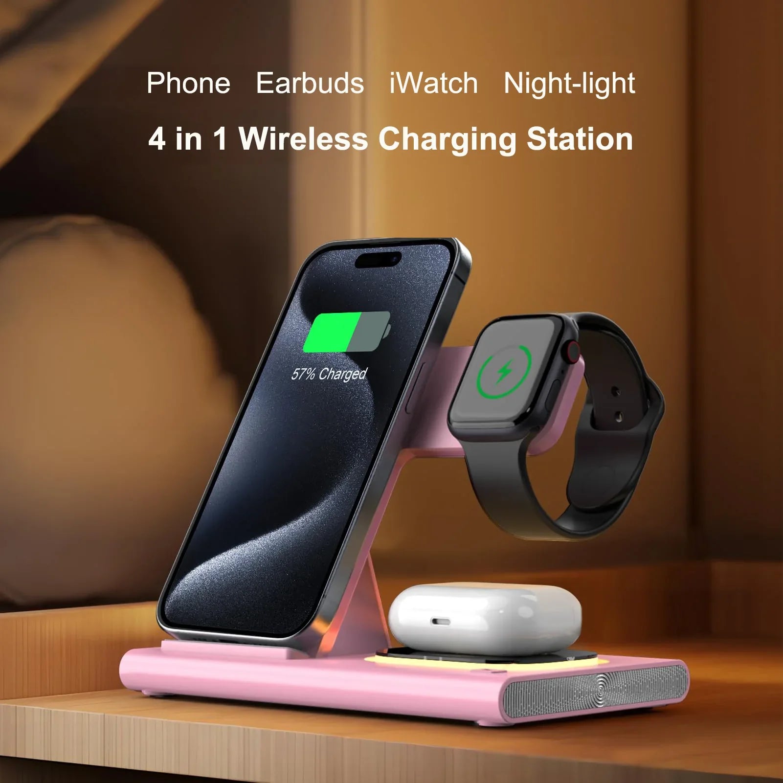 Wireless Charger Station, 4 in 1 Foldable 15W Fast Charging Wireless Charging Station with Night Light for iPhone iPods iWatch