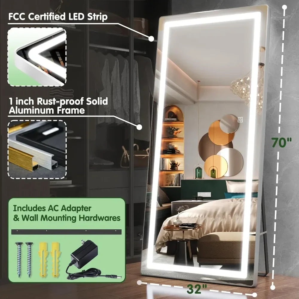 Full Length Mirrors with Lights, LED Full Body Mirror, Free Standing Lighted Floor Mirrors, Wall Mounted Hanging Mirror