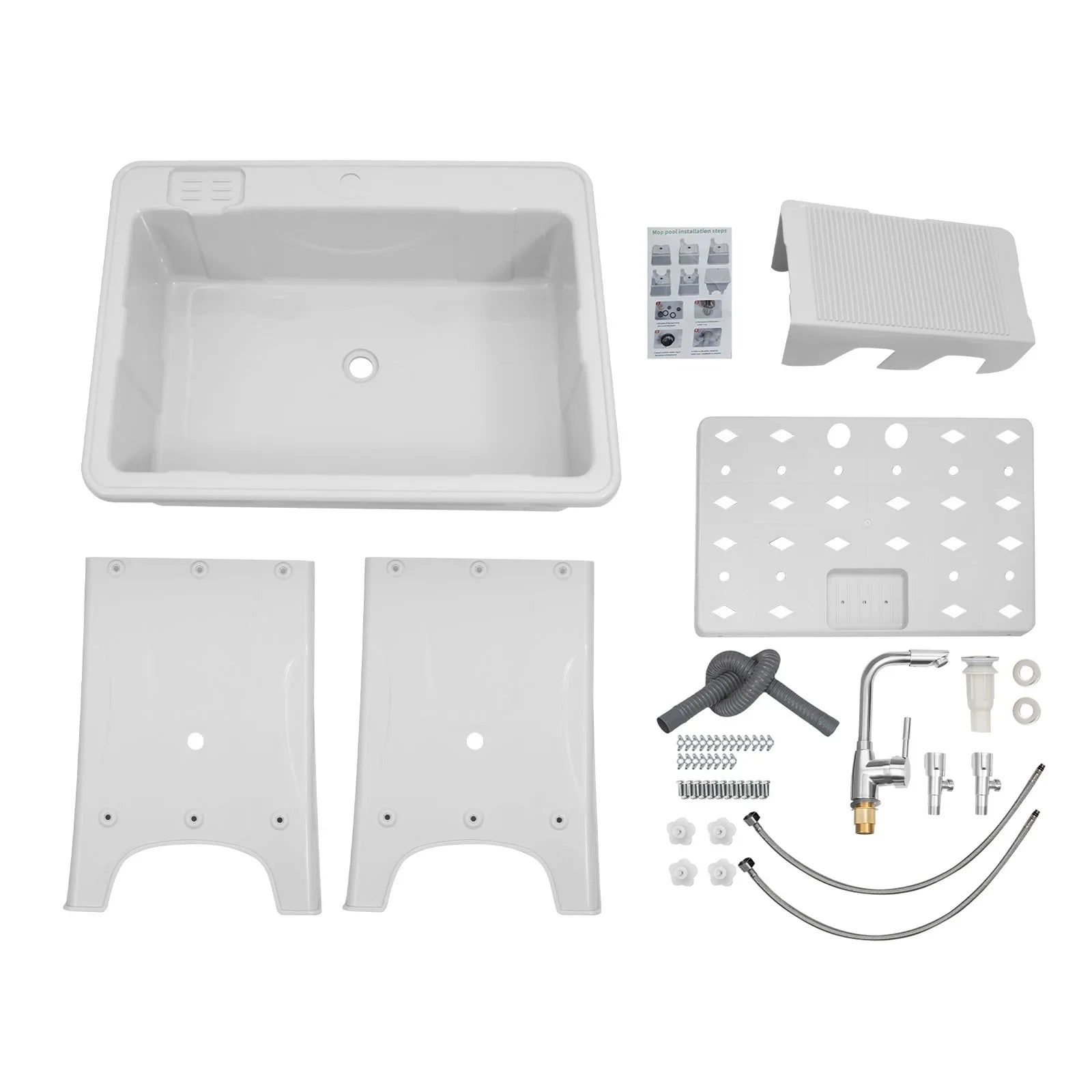 Home Laundry & Utility Sinks, Plastic Freestanding Washing Room Laundry Tub Sink with Washboard Faucet Drain Kit