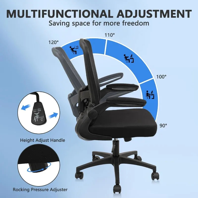 Desk Chairs with Wheels, Ergonomic Mesh Office Chair Adjustable Height and Swivel Lumbar Support  Chair with Flip Up Armrests