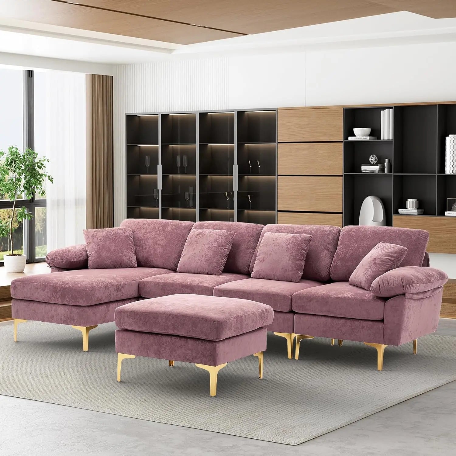 U-Shaped Sectional Sofa Couch, 4 Seat Sofa Set for Living Room, Convertible L-Shaped Velvet Couch Set with Chaise Lounge